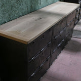 9-compartment industrial sideboard, military workshop style, solid old oak top