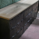 9-compartment industrial sideboard, military workshop style, solid old oak top