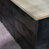 9-compartment industrial sideboard, military workshop style, solid old oak top