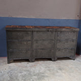9-compartment industrial sideboard, military workshop style, solid old oak top