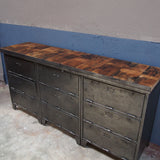 9-compartment industrial sideboard, military workshop style, solid old oak top