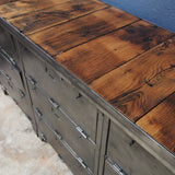 9-compartment industrial sideboard, military workshop style, solid old oak top