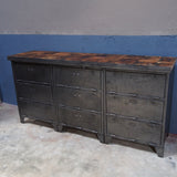 9-compartment industrial sideboard, military workshop style, solid old oak top
