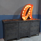 9-compartment industrial sideboard, military workshop style, solid old oak top
