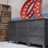 9-compartment industrial sideboard, military workshop style, solid old oak top