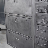 Industrial sideboard with 6 compartments and 18 drawers, military workshop style, solid old oak top