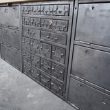 Industrial sideboard with 6 compartments and 18 drawers, military workshop style, solid old oak top