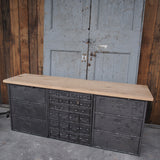 Industrial sideboard with 6 compartments and 18 drawers, military workshop style, solid old oak top