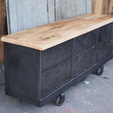 Industrial sideboard with 6 compartments, solid old oak, cast iron casters