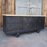 Industrial sideboard with 6 compartments, solid old oak, cast iron casters
