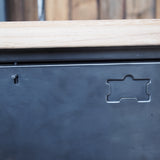 Industrial sideboard with 6 compartments, solid old oak, cast iron casters