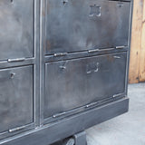 Industrial sideboard with 6 compartments, solid old oak, cast iron casters