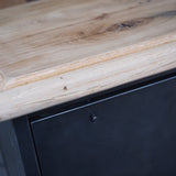 Industrial sideboard with 6 compartments, solid old oak, cast iron casters