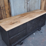 Industrial sideboard with 6 compartments, solid old oak, cast iron casters