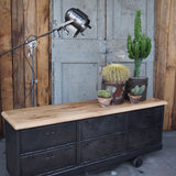 Industrial sideboard with 6 compartments, solid old oak, cast iron casters