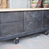 Industrial sideboard with 6 compartments, solid old oak, cast iron casters