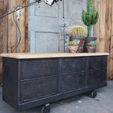 Industrial sideboard with 6 compartments, solid old oak, cast iron casters