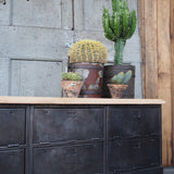 Industrial sideboard with 6 compartments, solid old oak, cast iron casters