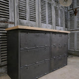 meuble militaire console métal plateau bois 6 tiroirs