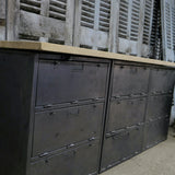 9-compartment industrial sideboard, military workshop style, solid old oak top