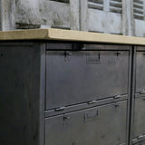 9-compartment industrial sideboard, military workshop style, solid old oak top