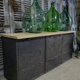 9-compartment industrial sideboard, military workshop style, solid old oak top