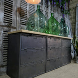 9-compartment industrial sideboard, military workshop style, solid old oak top