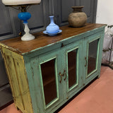 Enfilade ancienne vitrée patine verte, meuble de métier vintage, buffet campagne chic