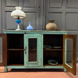 Enfilade ancienne vitrée patine verte, meuble de métier vintage, buffet campagne chic