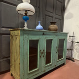 Enfilade ancienne vitrée patine verte, meuble de métier vintage, buffet campagne chic