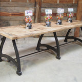 tres grande table industrielle plateau chene massif 3 pieds fonte