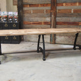 tres grande table industrielle plateau chene massif 3 pieds fonte