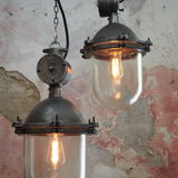 Metal and glass pendant light, large vintage industrial lamp