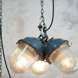 industrial pendant lamp in glass and metal, cluster of 3