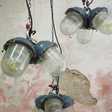 industrial pendant lamp in glass and metal, cluster of 3