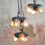 industrial pendant lamp in glass and metal, cluster of 3