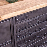 Military-style console table with metal frame, wooden top, and 26 drawers