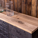 Military-style console table with metal frame, wooden top, and 26 drawers