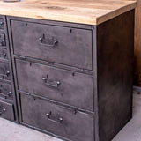 Military-style console table with metal frame, wooden top, and 26 drawers