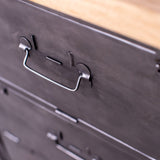 Military-style console table with metal frame, wooden top, and 26 drawers