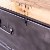 Military-style console table with metal frame, wooden top, and 26 drawers