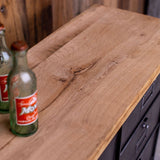 Roneo industrial-style console table with 8 drawers, hinged lid, and solid oak top
