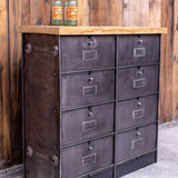 Roneo industrial-style console table with 8 drawers, hinged lid, and solid oak top