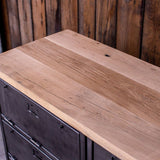 Military-style console table with metal frame, wooden top, and 6 drawers