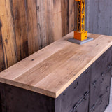 Military-style console table with metal frame, wooden top, and 6 drawers
