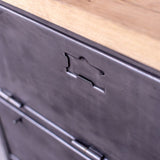 Military-style console table with metal frame, wooden top, and 6 drawers