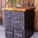 meuble militaire console métal plateau bois 11 tiroirs