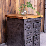 meuble militaire console métal plateau bois 11 tiroirs