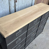 ancien meuble console 12 casiers industriel a clapet Roneo 1950 plateau chene massif