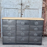 ancien meuble console 12 casiers industriel a clapet Roneo 1950 plateau chene massif